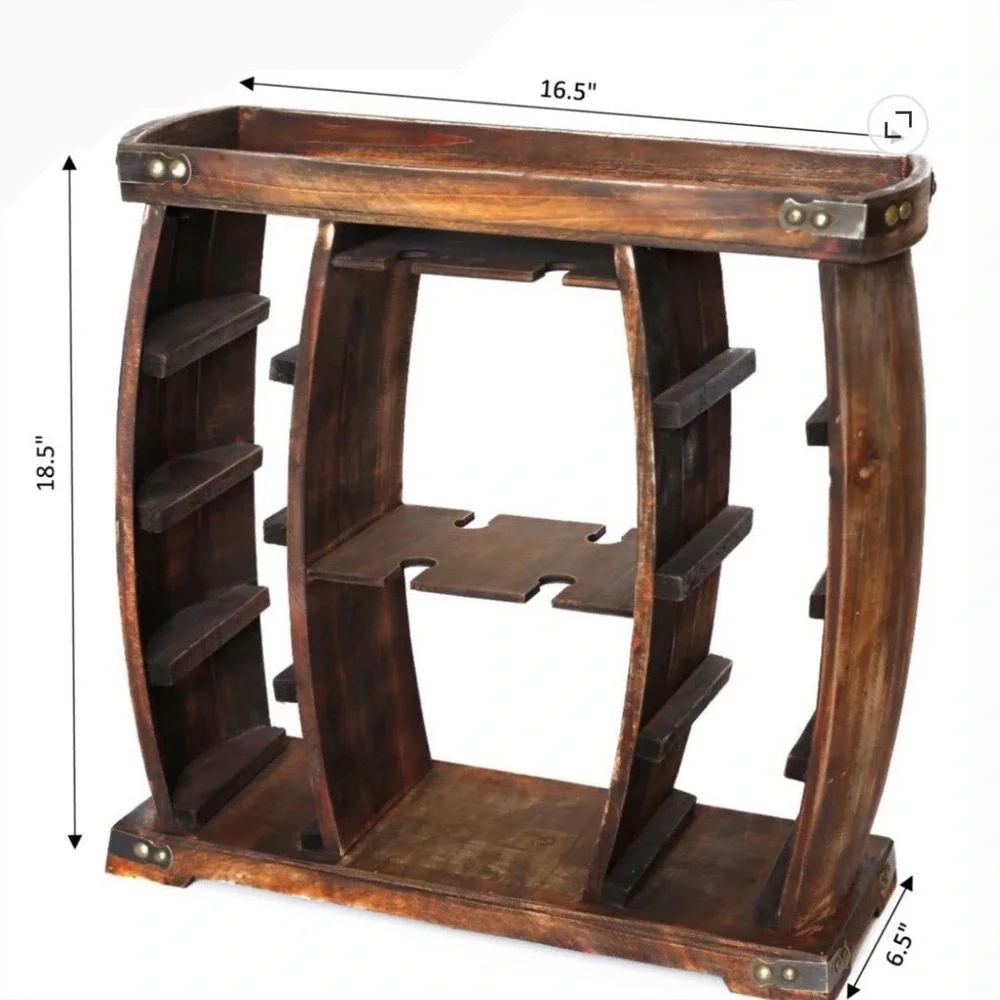Rustic Wooden Wine Rack Barrel Design 8 Bottle Holder with Glassware Storage